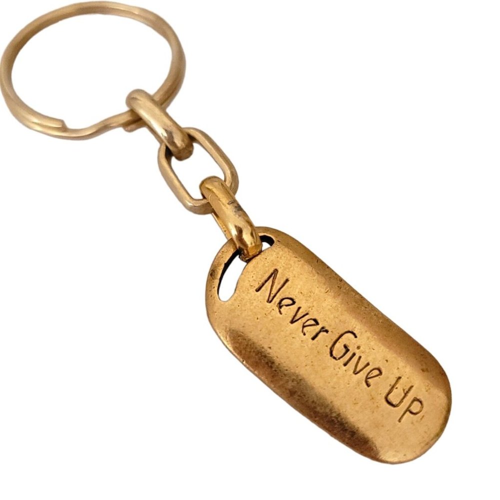 NEVER GIVE UP  Engrave KEY CHAIN Gold tone Rock (one of a kind)